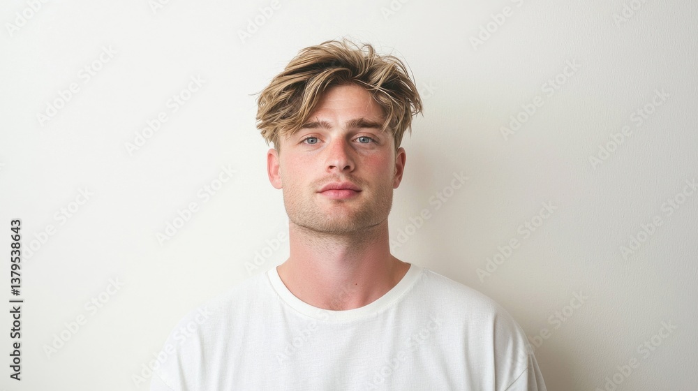 Obraz premium Young Man with Stylish Hair Posing Against a Minimalist Background