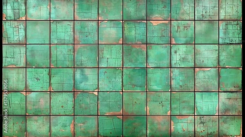 A grid of green weathered tiles with black surrounding lines