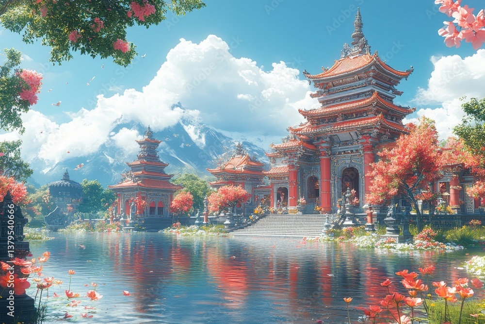 Obraz premium Serene lake view of ornate red buildings, mountains, flowers, and clear sky
