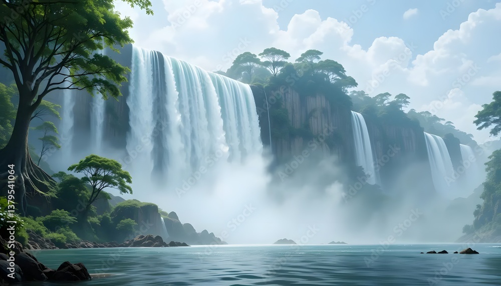 Fototapeta premium Peaceful Waterfall Scene with Lush Trees and Tranquil Atmosphere