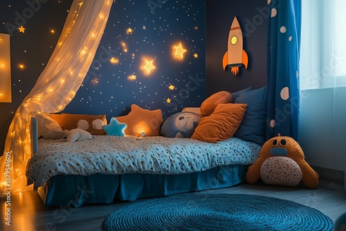 A cozy space themed childrens bedroom with night lighting