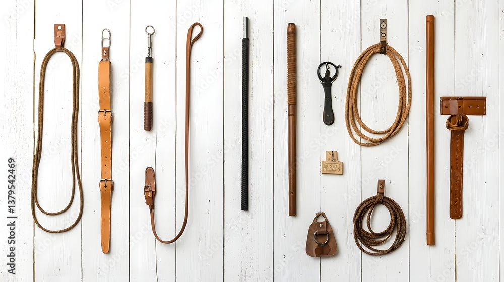 Assortment of leather and rope training equipment including whips and lunge lines used for handling and exercising horses Assortment of leather and rope training equipment including whips and lunge lines used for handling and exercising horses