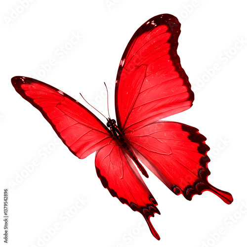 A stunning red butterfly flutters alone against a white backdrop