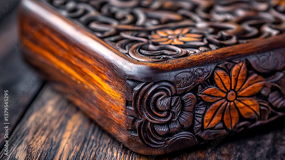 Intricately Carved Wooden Box with Floral Designs Resting on a Rustic Wooden Surface Intricately Carved Wooden Box with Floral Designs Resting on a Rustic Wooden Surface