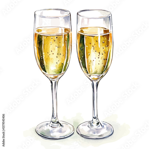 A watercolor vector illustration of Romantic champagne glasses, isolated on a white background.

