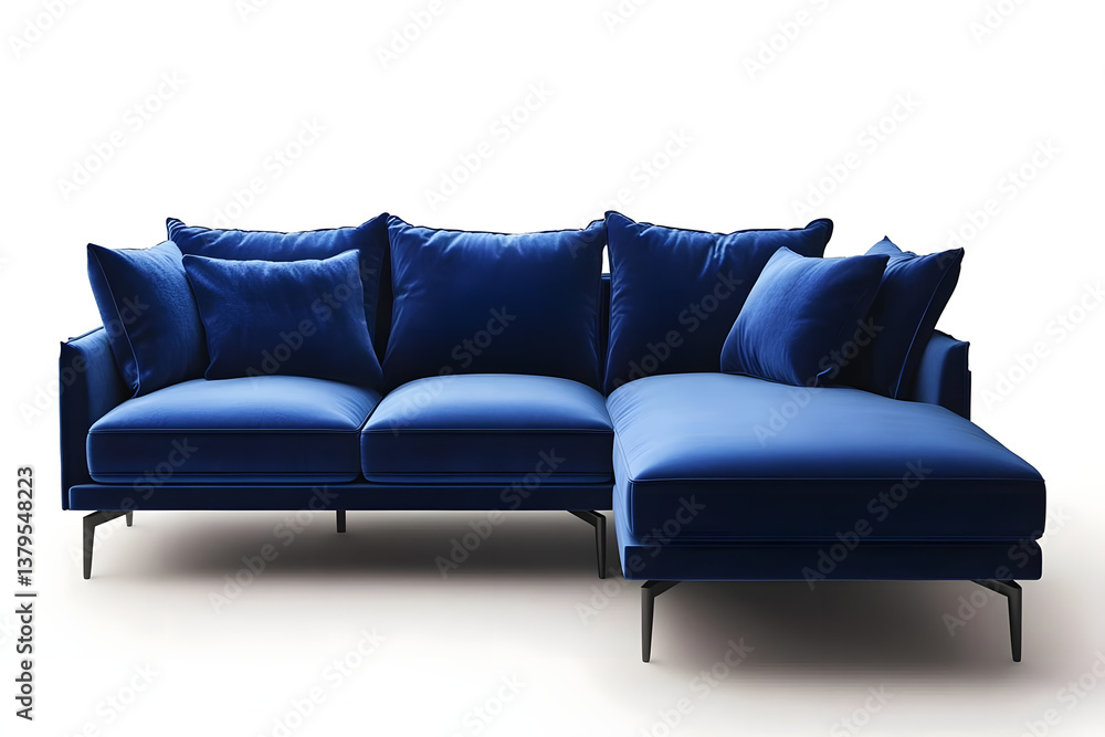 Fototapeta premium Blue Velvet Sectional Sofa Design, Modern Home Decor
