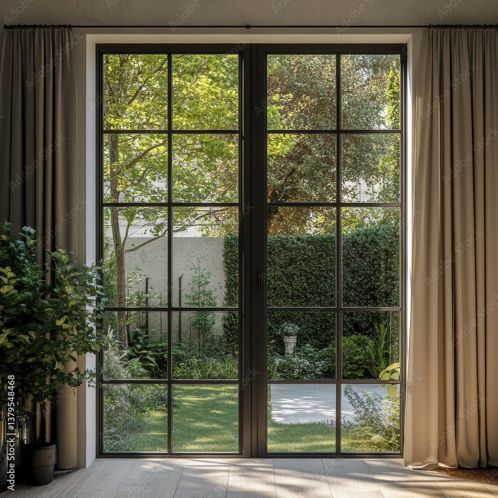 Fototapeta premium Cozy patio with a well-designed patio door leading to an outdoor space surrounded by lush greenery and relaxation