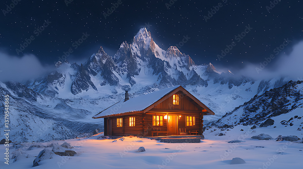 Fototapeta premium Cozy cabin glows, snowy mountain backdrop, night starscape; winter wonderland travel