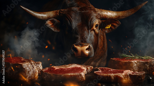 Beef cattle showdown premium cuts of beef rustic farm food photography dramatic lighting culinary concept