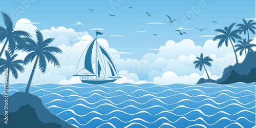 Seascape with sailing yacht, palm island, summer vacation, vector cartoon