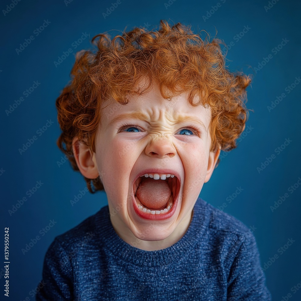 Energetic young boy with an exaggerated expression showing his very big mouth in a playful and fun moment Energetic young boy with an exaggerated expression showing his very big mouth in a playful and fun moment