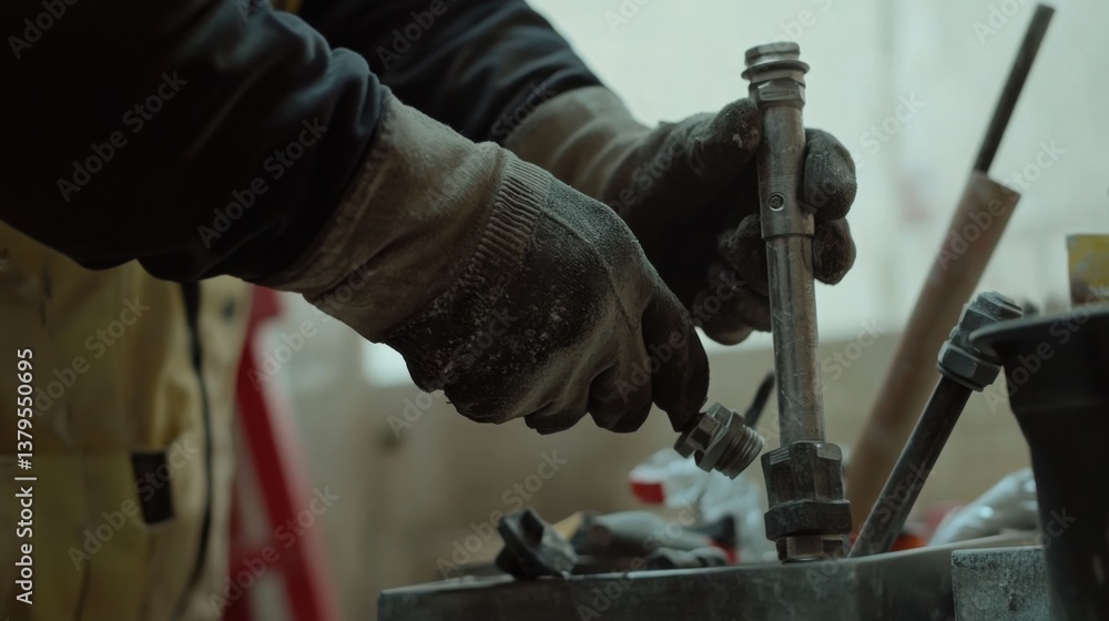 A construction worker fastening pipes for plumbing installation. Featuring precision and teamwork A construction worker fastening pipes for plumbing installation. Featuring precision and teamwork