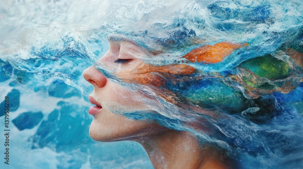 Fototapeta premium Woman, ocean, face, surreal, art, waves, flowing, paint, portrait, website