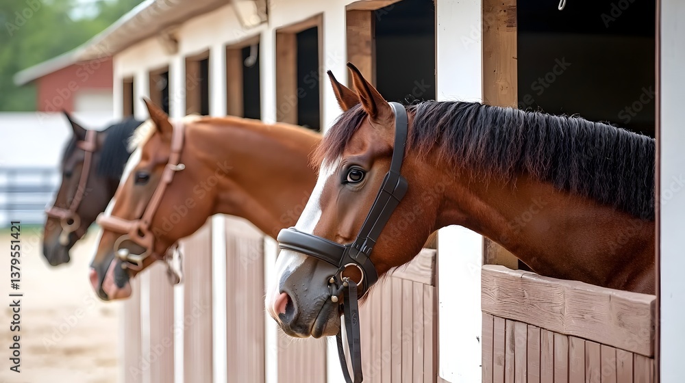 Fototapeta premium Multiple horses standing calmly in their wooden stall enclosure on a rural farm or ranch