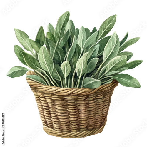 A watercolor vector illustration of Sage bouquet in a basket, isolated on a white background.


