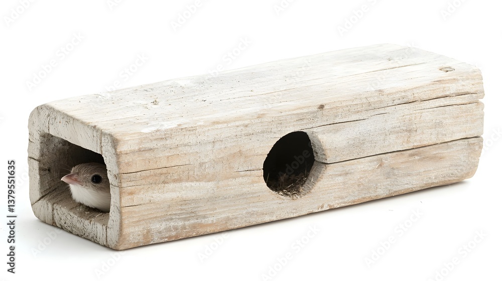 Rustic wooden birdhouse with a small opening for birds to nest and take shelter in a natural outdoor setting