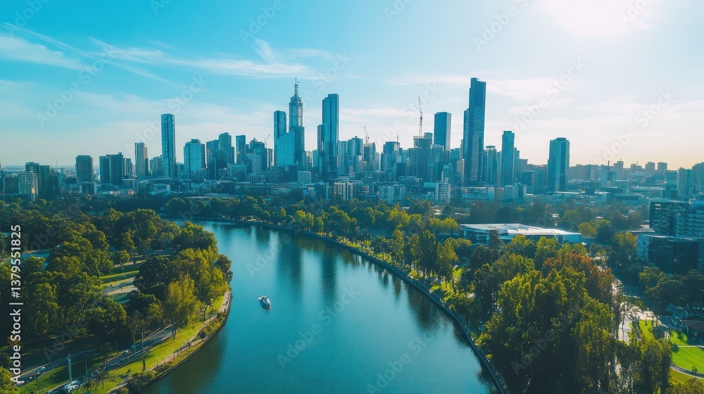 Fototapeta premium Cityscape, river, park, aerial, sunny, morning, boat, buildings, skyline, Australia, tourism