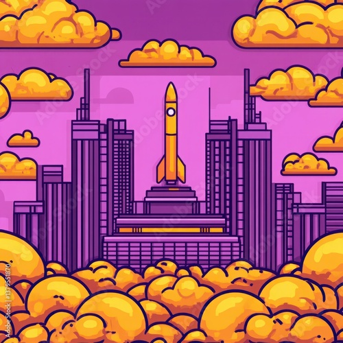 Colorful Rocket Launch Against a Vibrant City Skyline Surrounded by Soft Clouds and Pastel Hues, Capturing the Spirit of Imagination and Adventure
