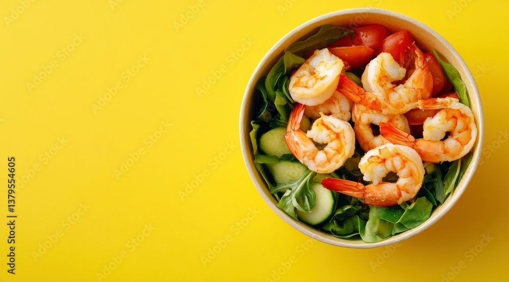Delicious Shrimp Salad in Bowl with Fresh Vegetables on Yellow Background Delicious Shrimp Salad in Bowl with Fresh Vegetables on Yellow Background