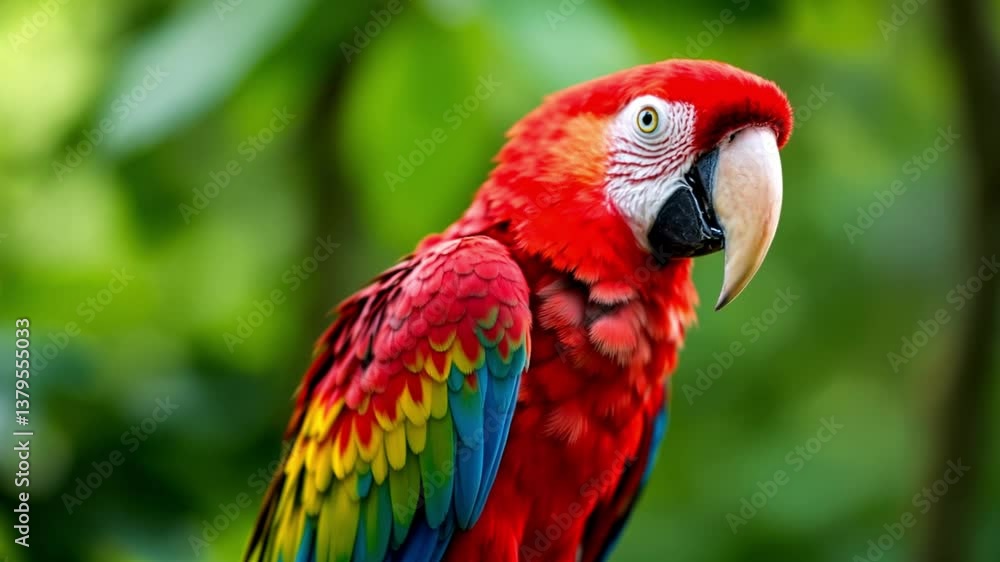 Vibrant Scarlet Macaw in Lush Green Forest Vibrant Scarlet Macaw in Lush Green Forest