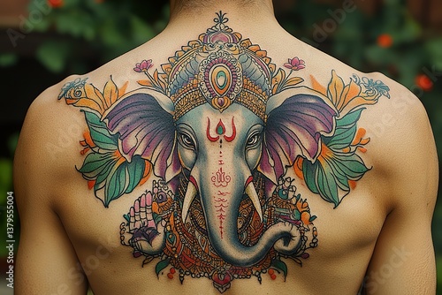 A colorful artistic tattoo of a decorated elephant on a person photo