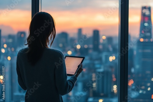 A person using a tablet while looking out a cityscape window