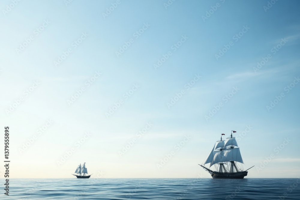 Fototapeta premium lone pirate ship engaged in sea battle with another vessel expansive ocean horizon in background