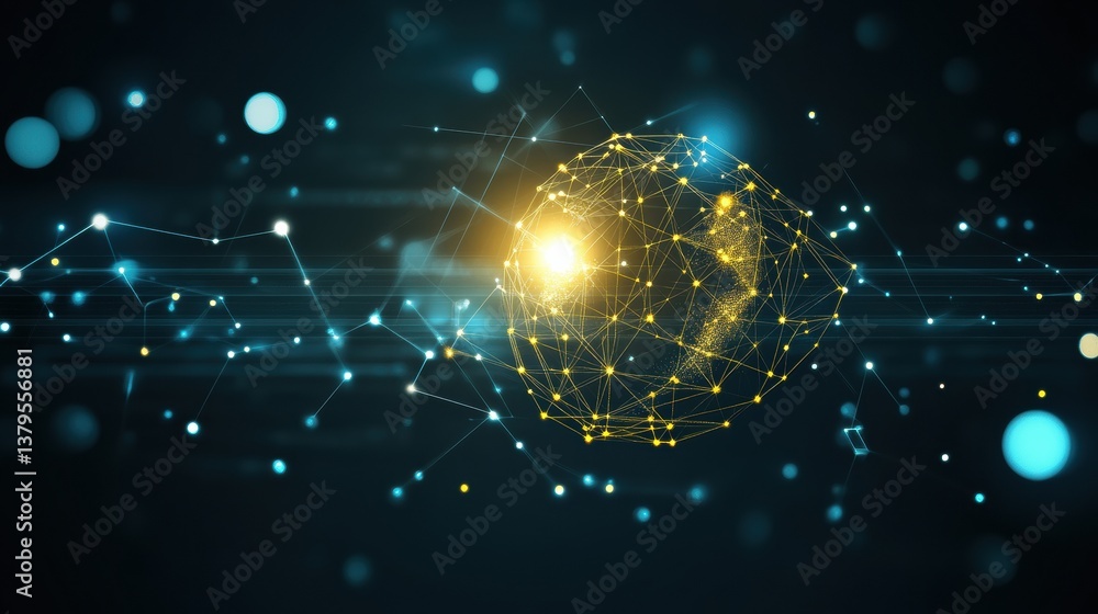 Obraz premium Abstract Golden Sphere Network in Dark Blue Space