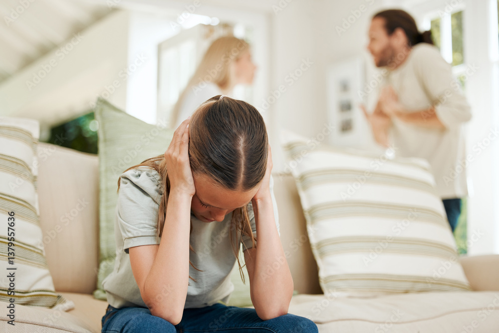 Home, child and parents with argument for divorce, breakup and communication issue for relationship. Mother, father and girl with anxiety for adults conflict, fight or domestic violence with shouting Home, child and parents with argument for divorce, breakup and communication issue for relationship. Mother, father and girl with anxiety for adults conflict, fight or domestic violence with shouting