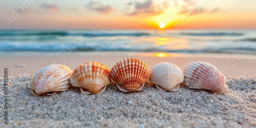 Seashells on Sandy Beach at Sunset