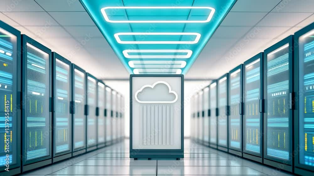 AI Engineer algorithm frameworks concept. A modern data center with rows of servers illuminated by blue lighting, featuring a central cloud storage display. AI Engineer algorithm frameworks concept. A modern data center with rows of servers illuminated by blue lighting, featuring a central cloud storage display.