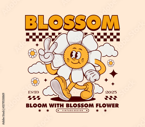 Walking sunflower mascot in vintage retro style. Colorful vector illustration with a groovy and cheerful vibe. Perfect for T-shirts, stickers, and print design