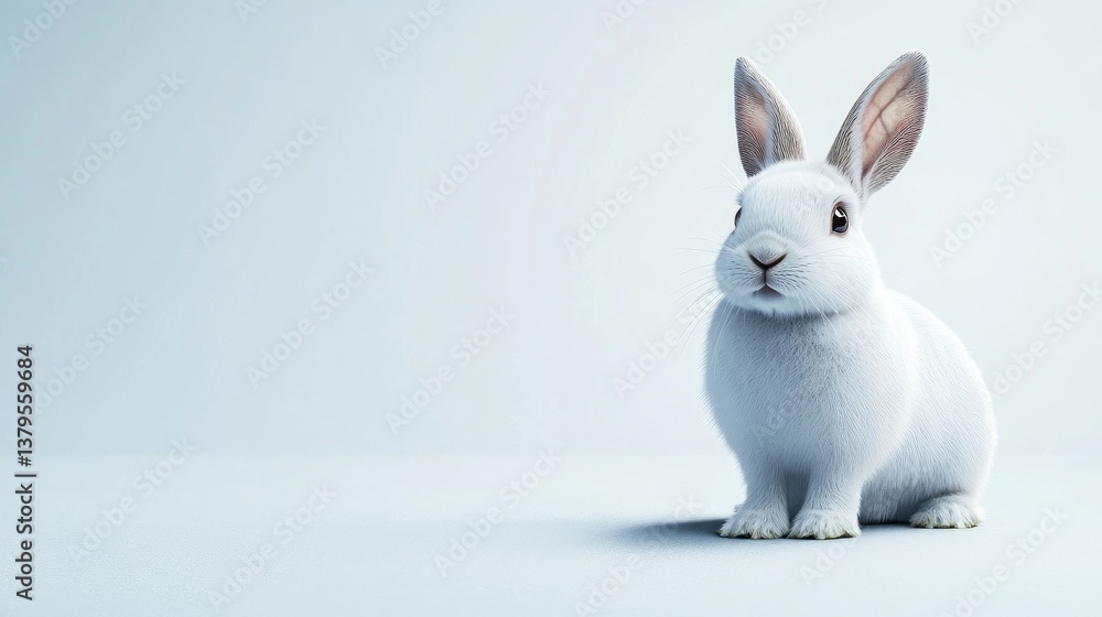 Obraz premium Sitting White Rabbit with Long Ears on Light Background