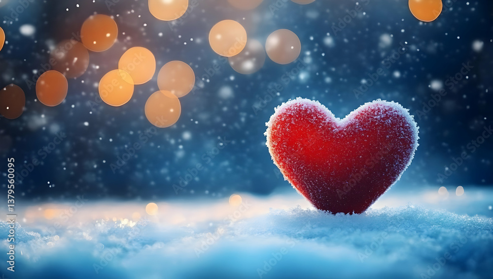 A vibrant heart symbol casts warmth against a snowy backdrop, glowing with soft lights in a magical winter scene. A vibrant heart symbol casts warmth against a snowy backdrop, glowing with soft lights in a magical winter scene.