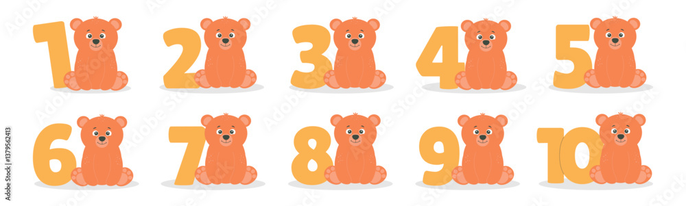 Cute bear character and number from 1 before 10 vector set. Beautiful elements for Kids Birthday Party invitation, greeting card, poster, event, prints and cake toppers design Cute bear character and number from 1 before 10 vector set. Beautiful elements for Kids Birthday Party invitation, greeting card, poster, event, prints and cake toppers design
