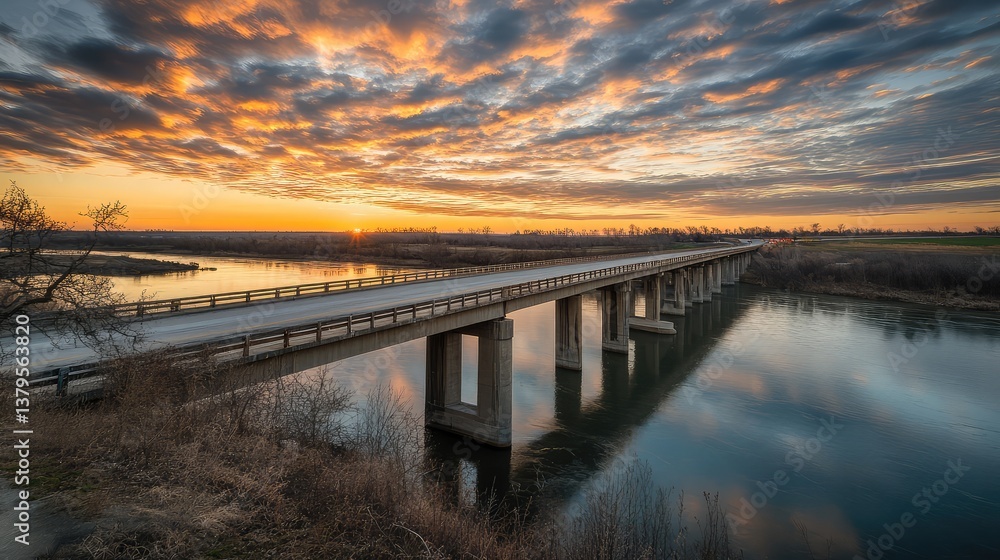 Fototapeta premium A wide highway crossing a long bridge over a river, with dramatic sky clouds above and plenty of space for highway-related text.