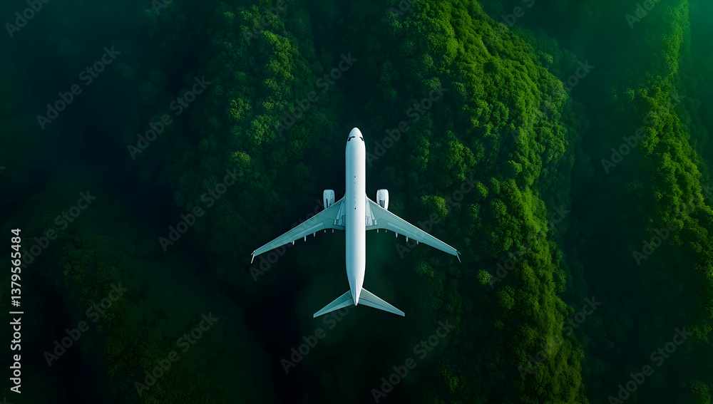 Naklejka premium An aerial view of an airplane flying above lush green vegetation, showcasing the blend of technology and nature.