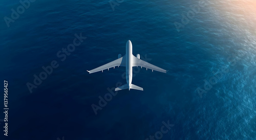 An aerial view of a commercial airplane flying over a vast ocean, showcasing the beauty of travel and adventure in the skies.