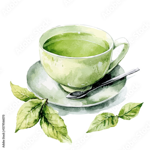 A watercolor vector illustration of Sencha Green Tea, isolated on a white background.

