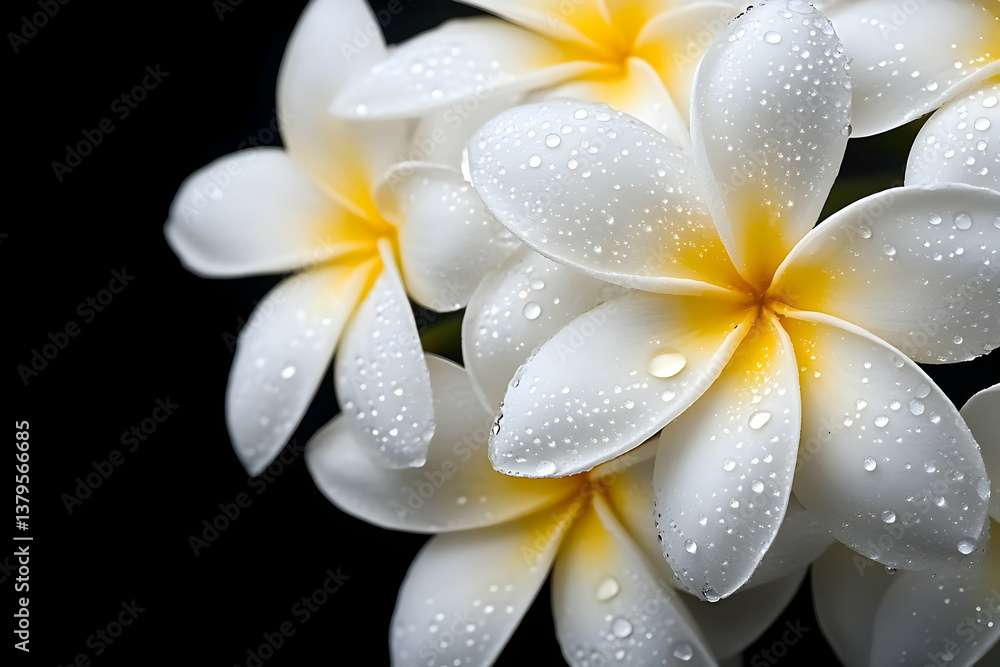 Fototapeta premium Beautiful white plumeria flowers with yellow accents and droplets of water against a dark background, showcasing nature's elegance.