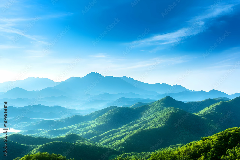 Fototapeta premium Breathtaking panoramic view of lush green mountains against a clear blue sky, evoking tranquility and natural beauty.