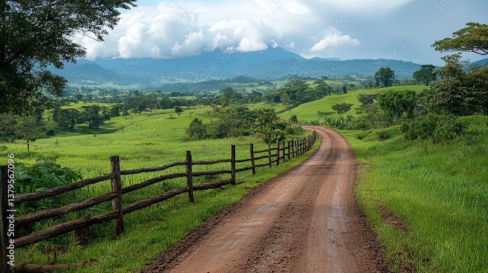 Fototapeta premium A scenic dirt road winds through lush green pastures and hills