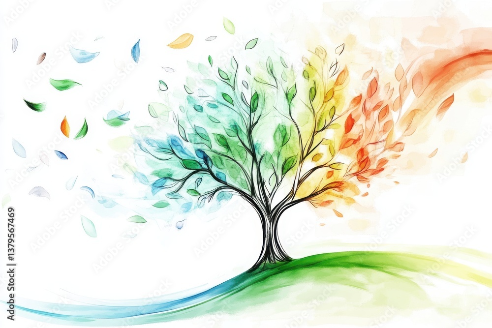 Obraz premium A vibrant, artistic tree with colorful leaves transitioning from green to orange, set against a soft, painted background.