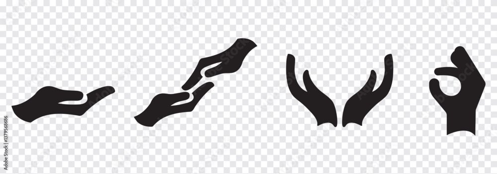 Helping icon. Hand reaches out to hand. shape of a heart. Monochrome black and white symbol. Helping icon. Hand reaches out to hand. shape of a heart. Monochrome black and white symbol.