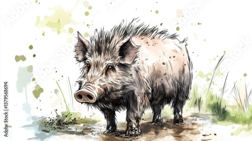 Wallpaper Mural A whimsical illustration of a wild boar standing in a natural setting, showcasing its textured fur and distinctive features. Torontodigital.ca