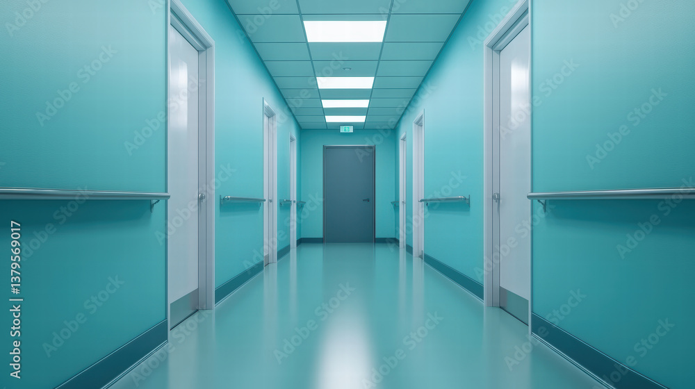 Obraz premium clean and modern hospital corridor with teal walls, bright lighting, and white doors creates calming atmosphere