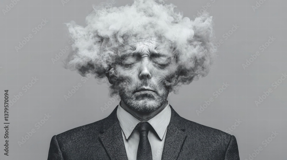 Fototapeta premium Man in suit with smoke cloud head, expressing stress and confusion, creating surreal atmosphere