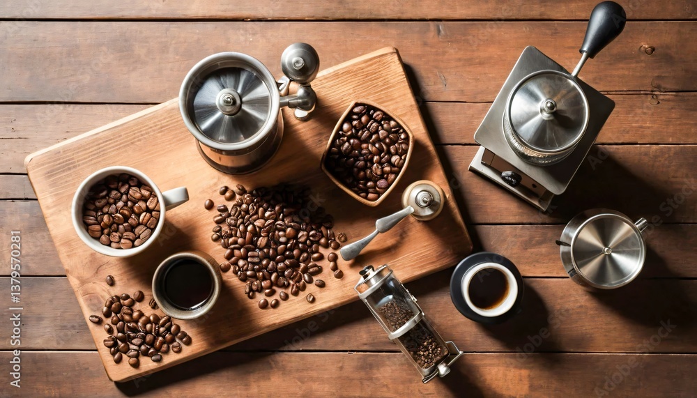 Naklejka premium Top View of Coffee Beans and Brewing Tools on Wooden Table
