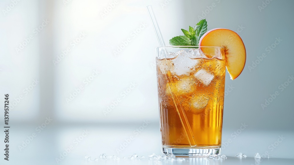 A refreshing iced drink with ice cubes, garnished with a slice of peach and mint, served in a tall glass against a soft, blurred background. A refreshing iced drink with ice cubes, garnished with a slice of peach and mint, served in a tall glass against a soft, blurred background.