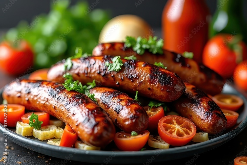 Merged Flavors of Grilled Merguez, Vegetables, and Sauces Merged Flavors of Grilled Merguez, Vegetables, and Sauces